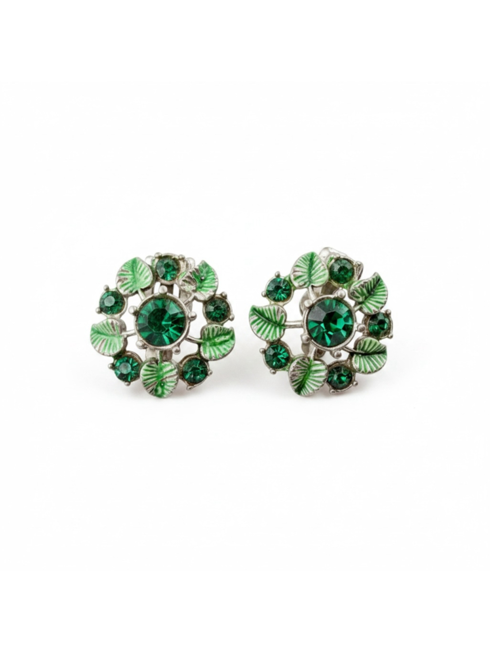 Vintage Czech Green Rhinestone Clip On Earrings, Enamel Leaf Floral Cluster